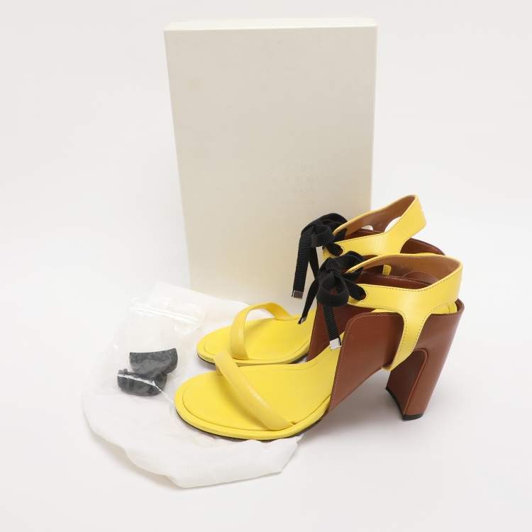 Pre Owned Maison Martin Margiela Yellow/Brown Leather Ankle Strap Sandals Size 38.5