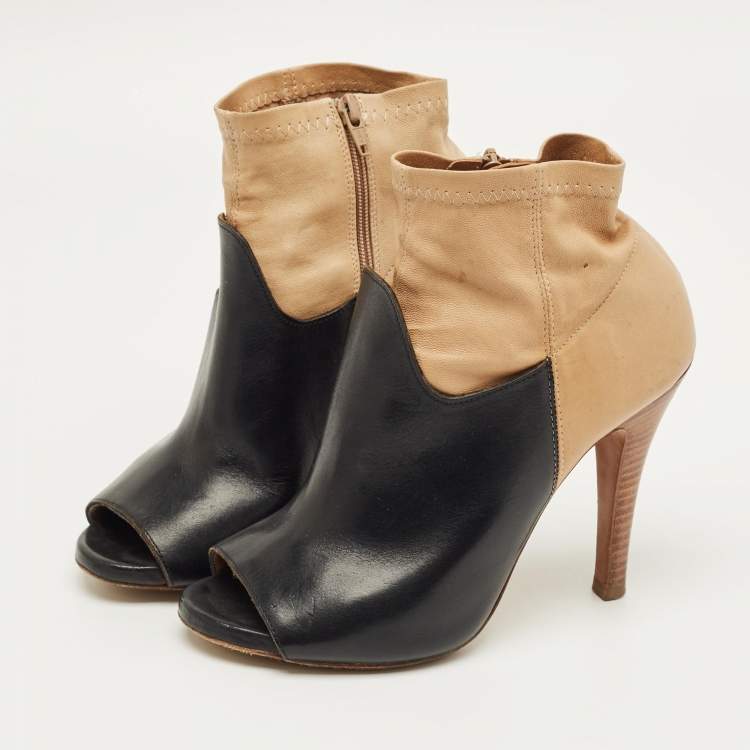 Pre Owned Maison Martin Margiela Black/Beige Leather 5AC Peep Toe Booties Size 36