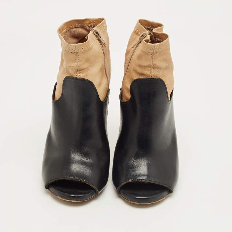 Pre Owned Maison Martin Margiela Black/Beige Leather 5AC Peep Toe Booties Size 36