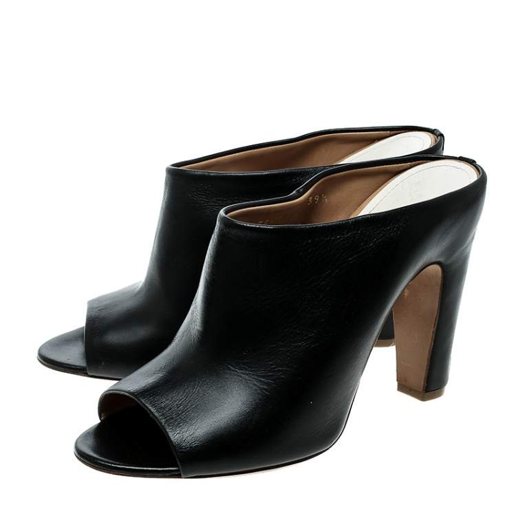 Pre Owned Maison Martin Margiela Black Leather Peep Toe Mules Size 39.5