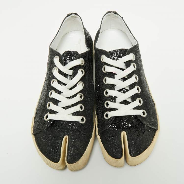Pre Owned Maison Martin Margiela Black Glitter Tabi Low Top Sneakers Size 37