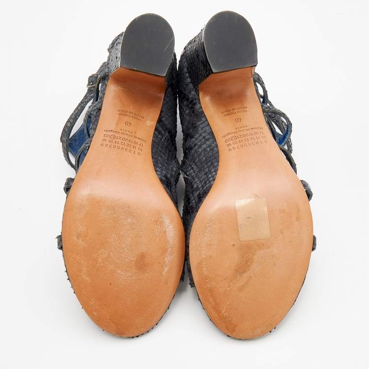 Pre Owned Maison Martin Margiela Grey/Black Python Embossed Leather Strappy Open Toe Booties Size 40