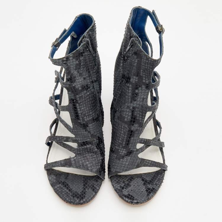 Pre Owned Maison Martin Margiela Grey/Black Python Embossed Leather Strappy Open Toe Booties Size 40