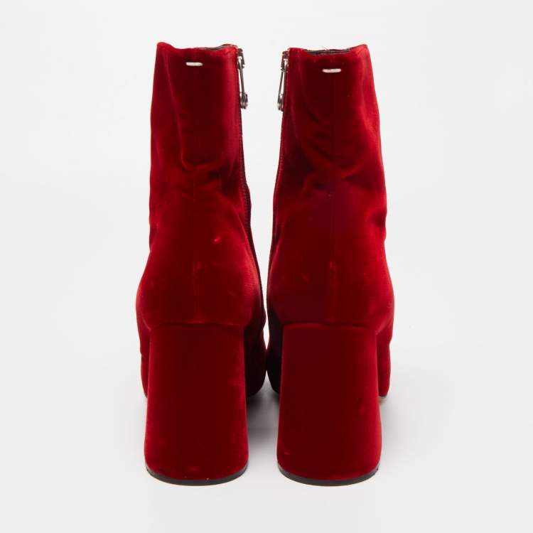 Pre Owned Maison Margiela Red Velvet Block Heel Zip Up Ankle Boots Size 41