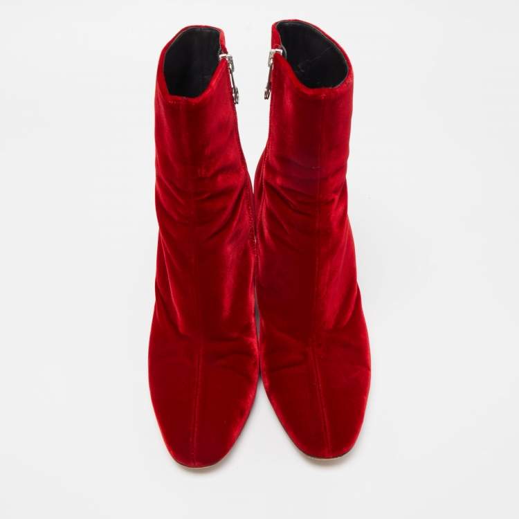 Pre Owned Maison Margiela Red Velvet Block Heel Zip Up Ankle Boots Size 41