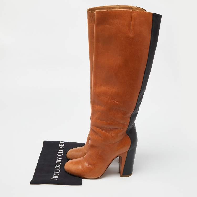 Pre Owned Maison Martin Margiela Brown/Black Leather Knee Length Block Heel Boots Size 40