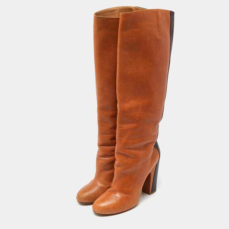 Pre Owned Maison Martin Margiela Brown/Black Leather Knee Length Block Heel Boots Size 40