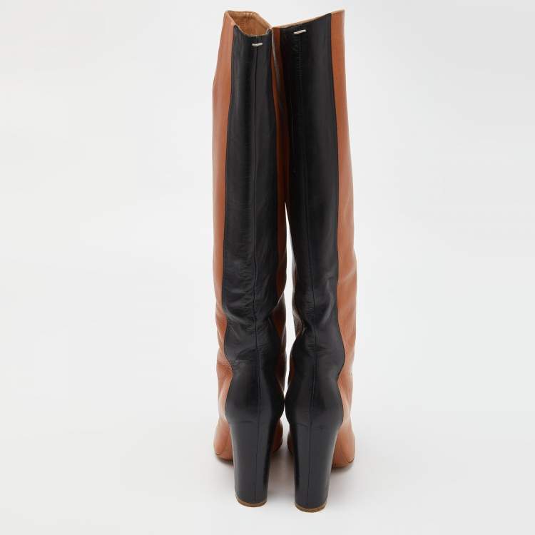 Pre Owned Maison Martin Margiela Brown/Black Leather Knee Length Block Heel Boots Size 40