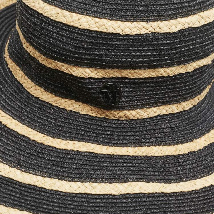 Pre Owned Maison Michel Paris Black Striped Straw Ursula Hat L