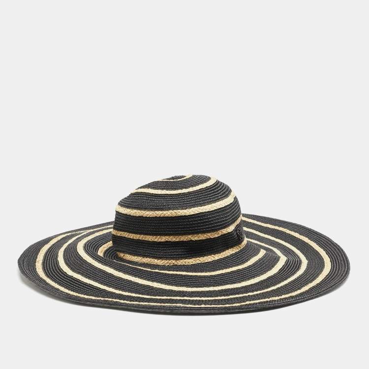 Pre Owned Maison Michel Paris Black Striped Straw Ursula Hat L