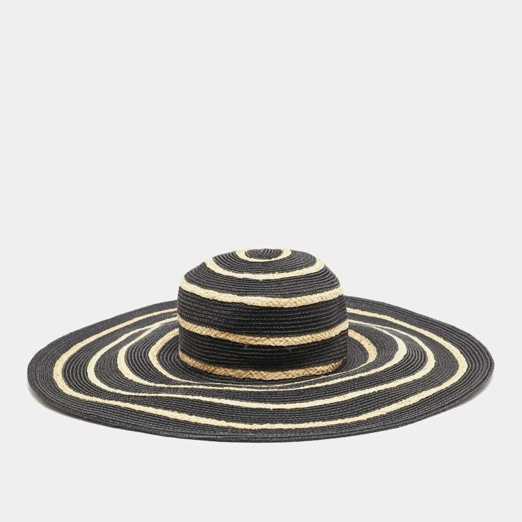 Pre Owned Maison Michel Paris Black Striped Straw Ursula Hat L