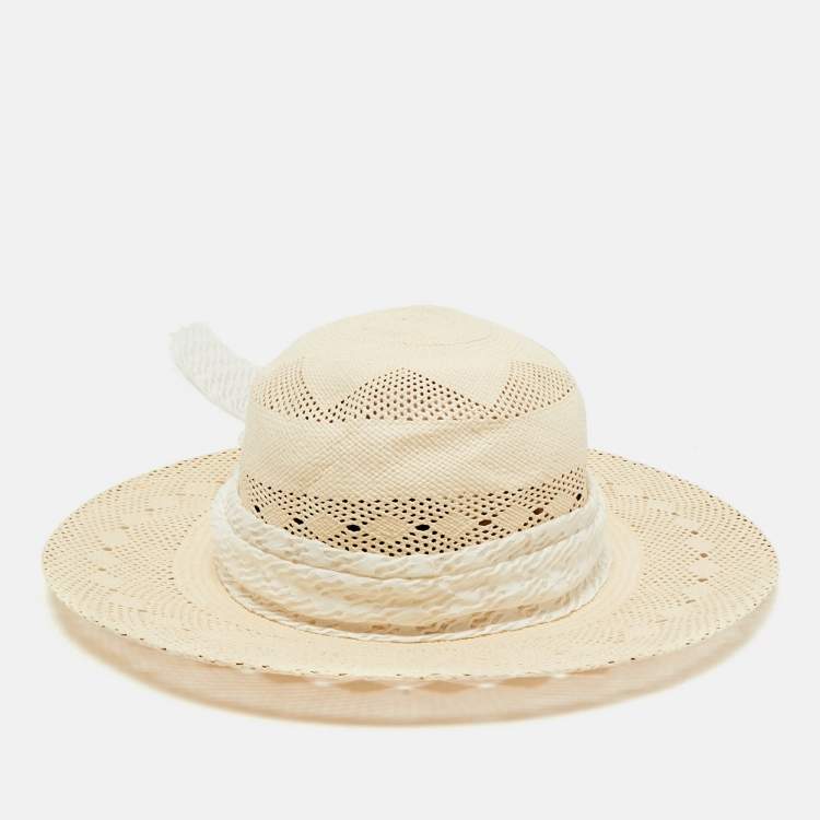 Pre Owned Maison Michel Paris Off White See Through Straw New Alice Hat M