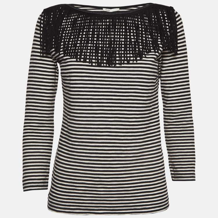 Pre Owned Maje Black/White Stripe Cotton Fringed Detail T-Shirt M