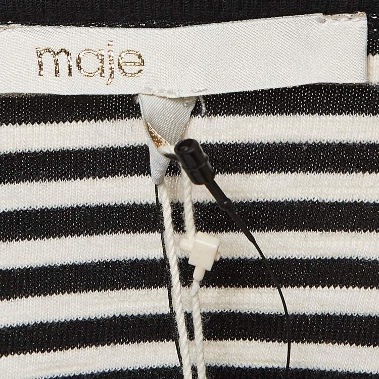 Pre Owned Maje Black/White Stripe Cotton Fringed Detail T-Shirt M