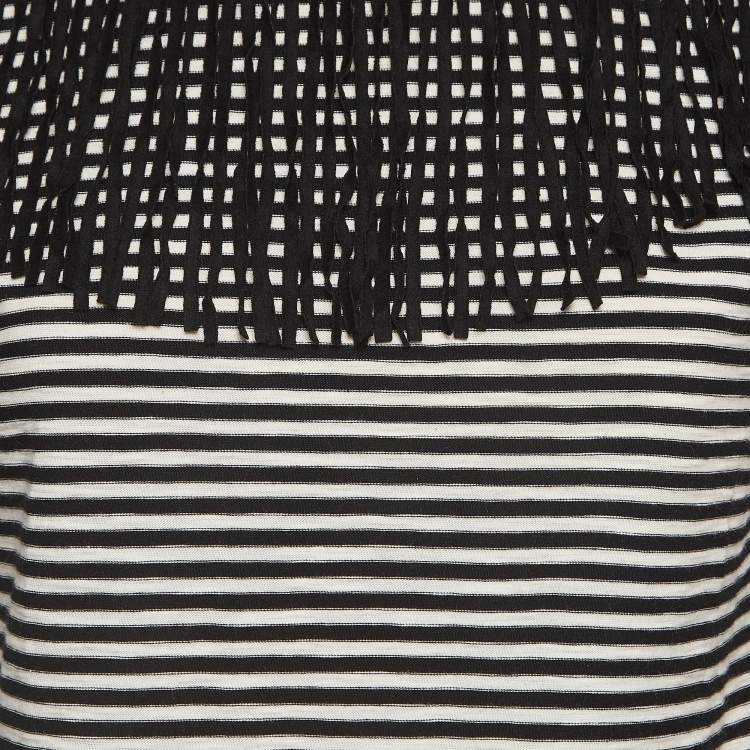 Pre Owned Maje Black/White Stripe Cotton Fringed Detail T-Shirt M