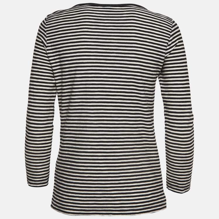 Pre Owned Maje Black/White Stripe Cotton Fringed Detail T-Shirt M