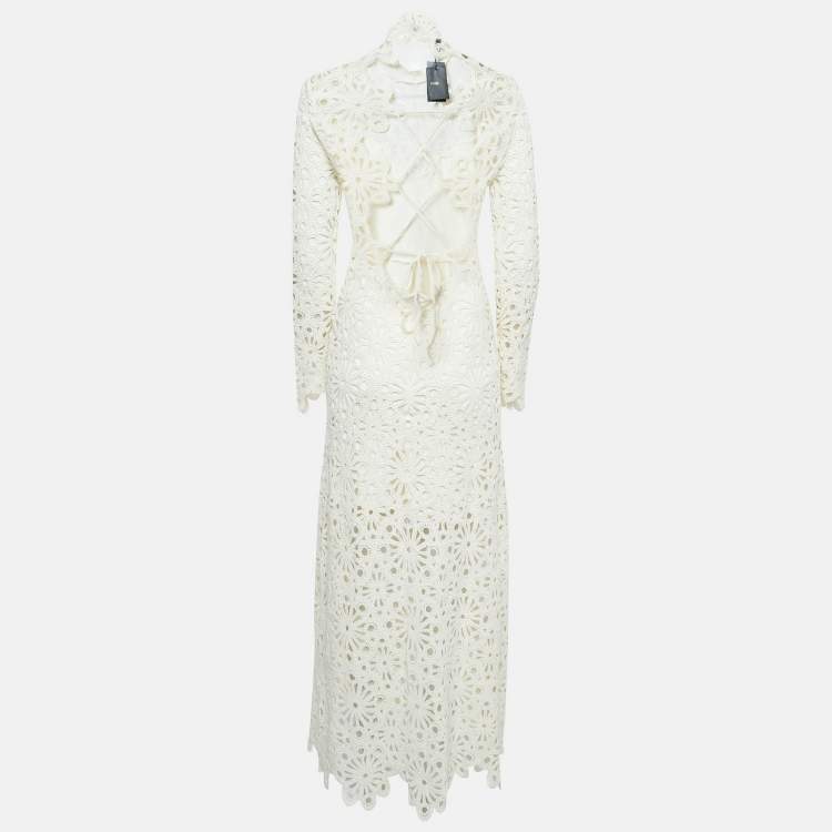 مملوكة مسبقًا Maje Cream Crochet Guipure Lace-Up Back Midi Dress M