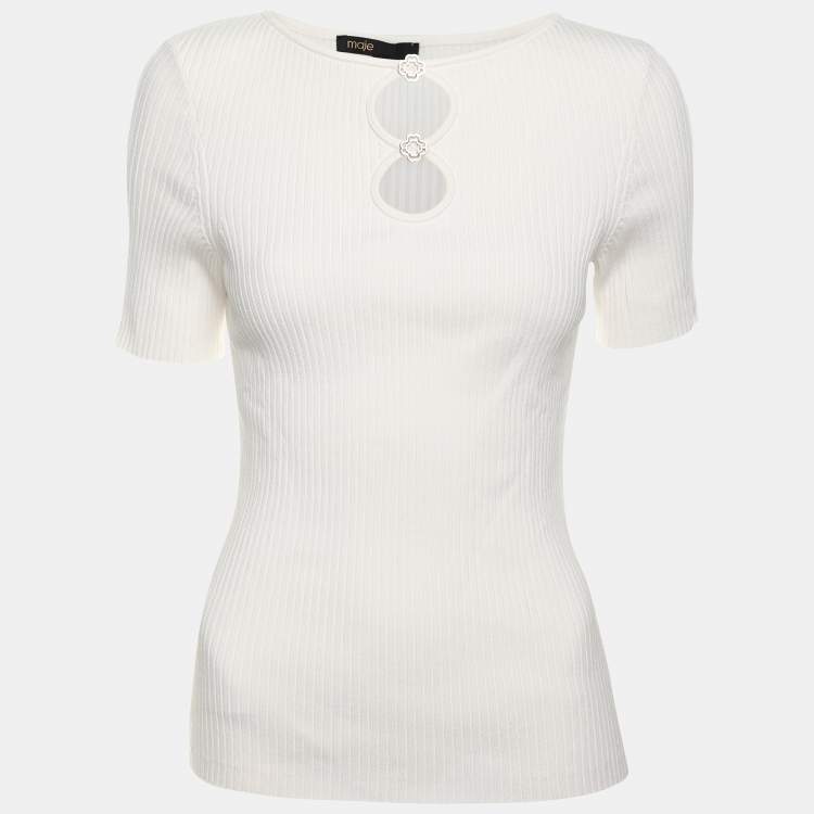 Pre Owned Maje White Cut Out Rib Knit Embellished Top M