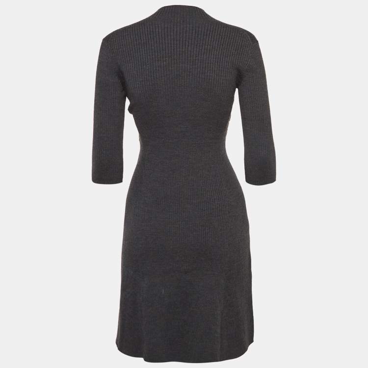 Pre Owned Maje Grey Rib Knit Laced Eyelet Detail Mini Dress S