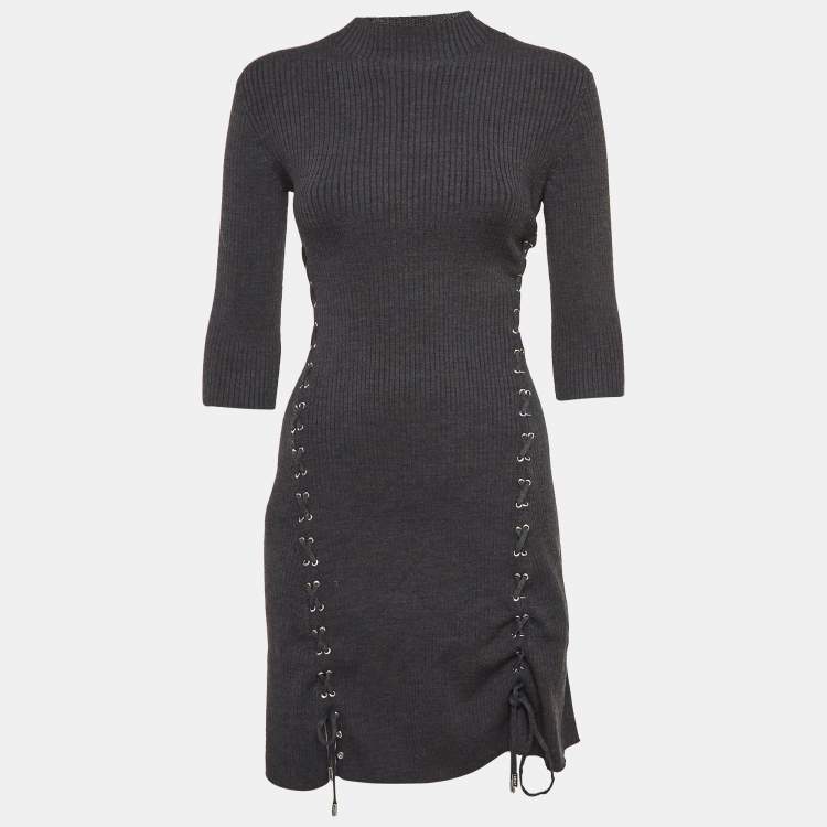 Pre Owned Maje Grey Rib Knit Laced Eyelet Detail Mini Dress S