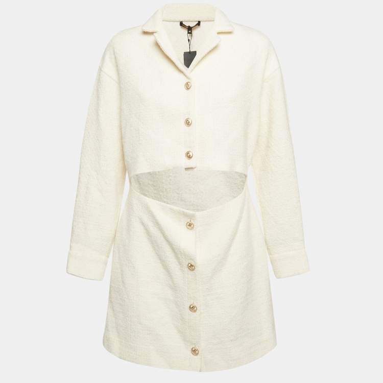 Pre Owned Maje White Tweed Open Front Detail Mini Dress L