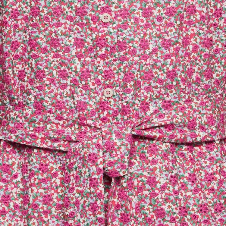 Pre Owned Maje Pink Imprime Fleu Print Cotton Puff Sleeve Jumpsuit M