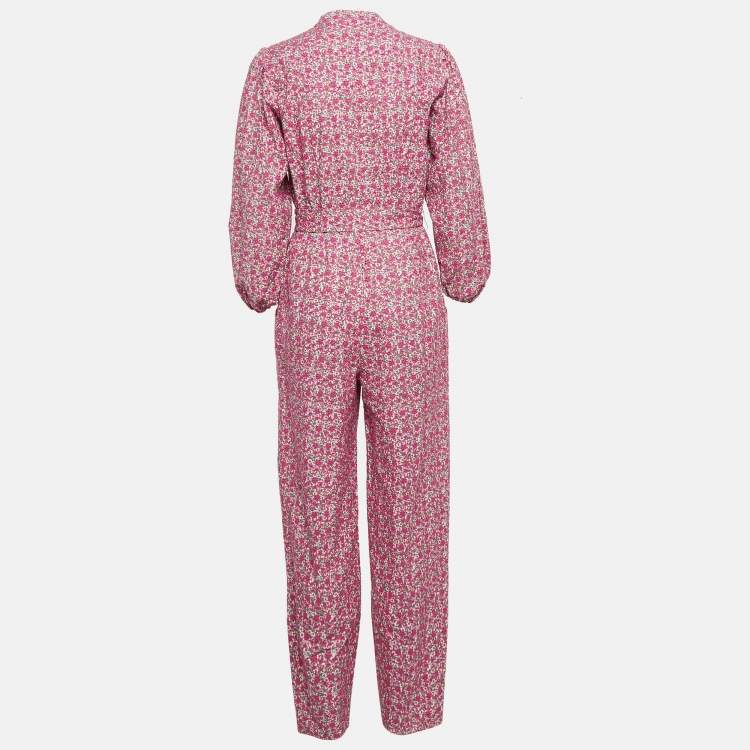 Pre Owned Maje Pink Imprime Fleu Print Cotton Puff Sleeve Jumpsuit M