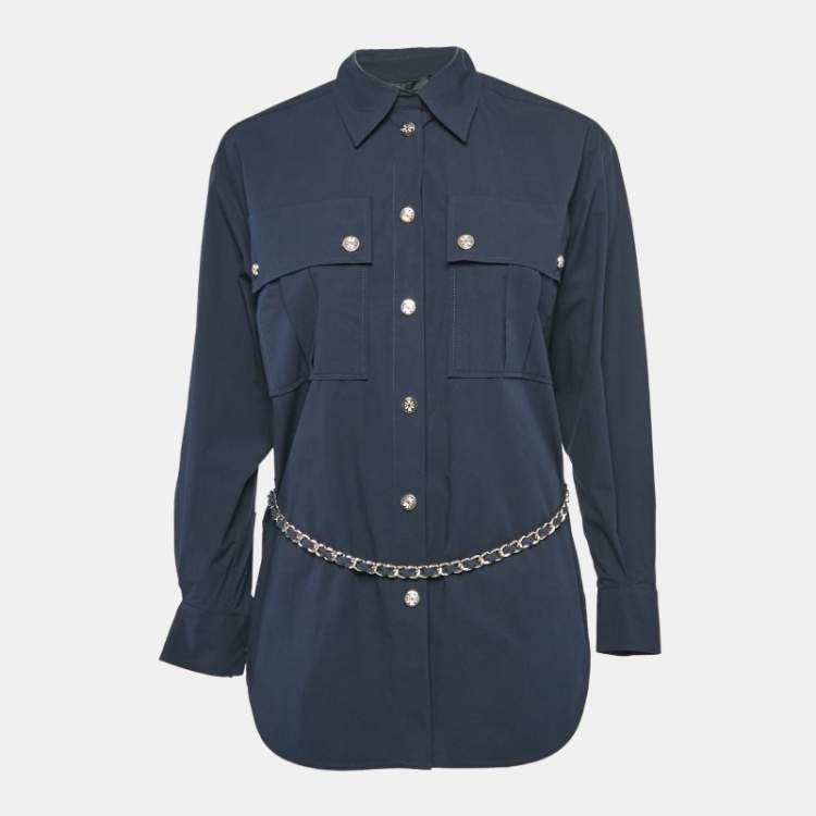 Pre Owned Maje Navy Blue Brass Belted Cotton Oversized Shirt XS