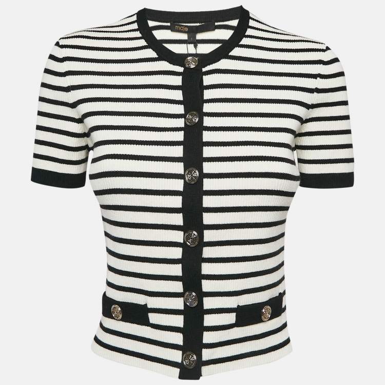Pre Owned Maje Black/White Stripe Rib Knit Button Front Cardigan S