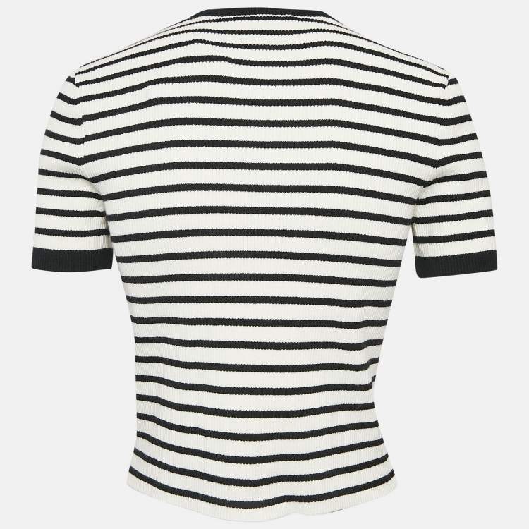 Pre Owned Maje Black/White Stripe Rib Knit Button Front Cardigan S
