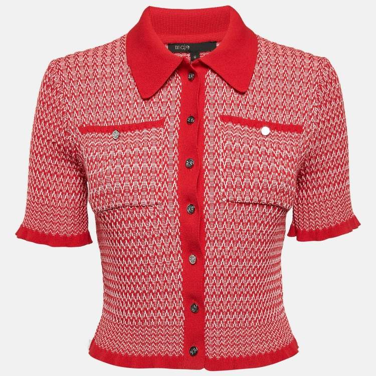 Pre Owned Maje Red Patterned Rib Knit Button Front Cardigan XS