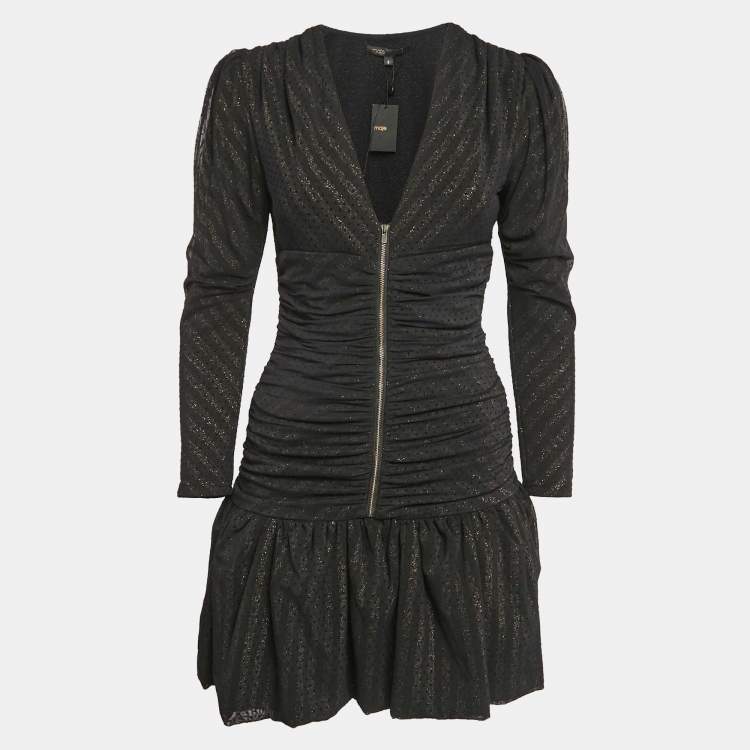 Pre Owned Maje Black Lurex Knit Mesh Ruched Ralone Mini Dress M