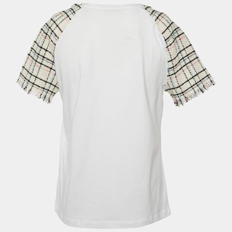 Pre Owned Maje White Cotton Tweed Sleeved Crew Neck T-Shirt M 