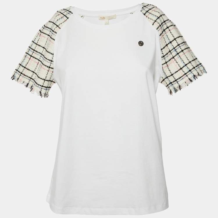 Pre Owned Maje White Cotton Tweed Sleeved Crew Neck T-Shirt M 