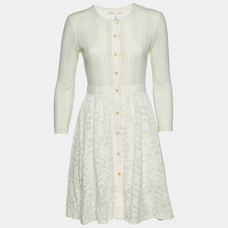 Pre Owned Maje Ecru White Patterned Knit Button Front Roxo Mini Dress S