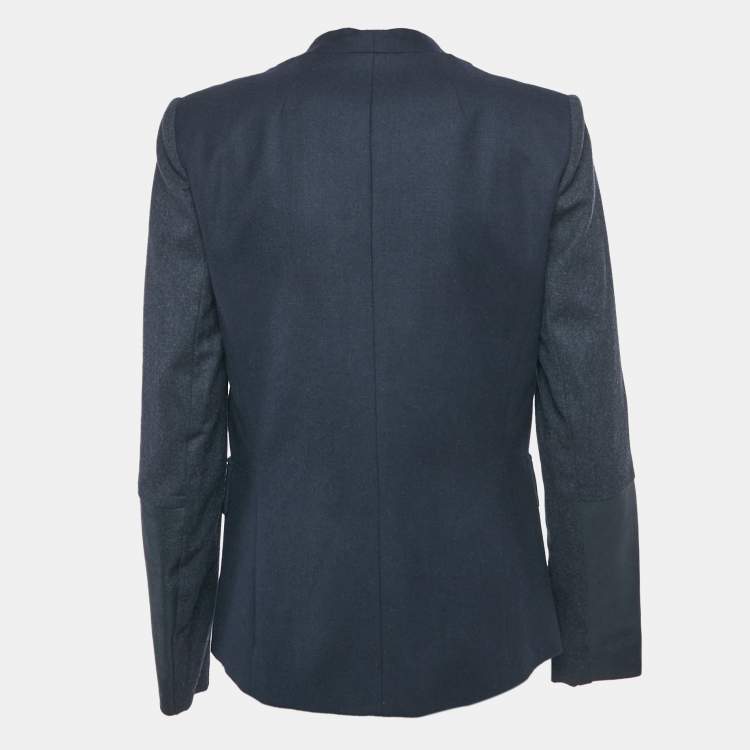 Pre Owned Maje Navy Blue Leather Trim and Wool Single Breasted Blazer M