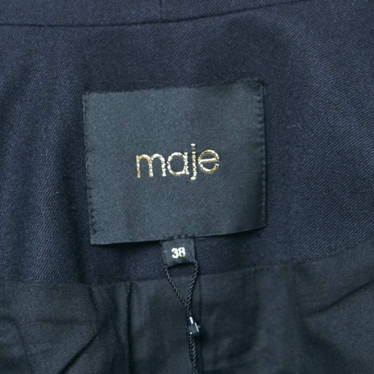Pre Owned Maje Navy Blue Leather Trim and Wool Single Breasted Blazer M