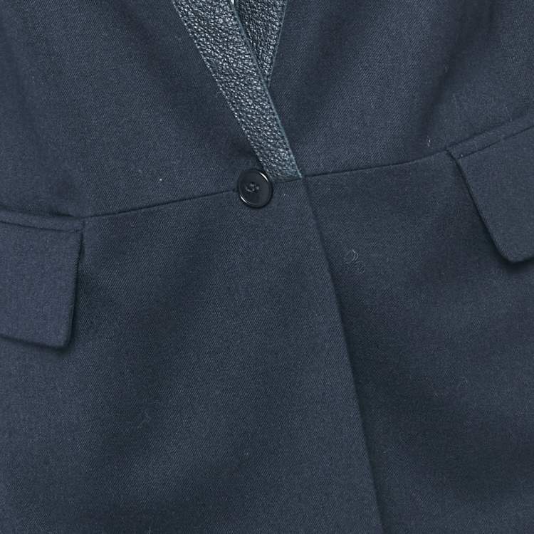 Pre Owned Maje Navy Blue Leather Trim and Wool Single Breasted Blazer M