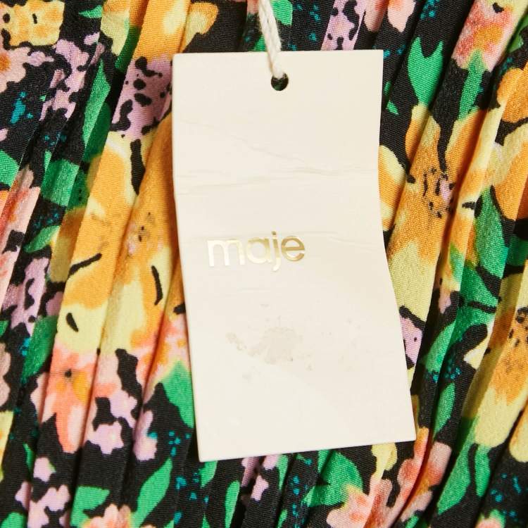 Pre Owned Maje Multicolor Floral Print Crepe Pleated Mini Dress L