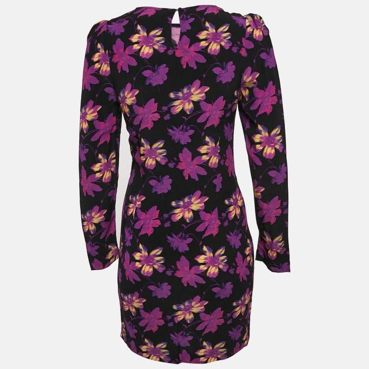 Pre Owned Maje Black Floral Ruched Long Sleeve Mini Dress S