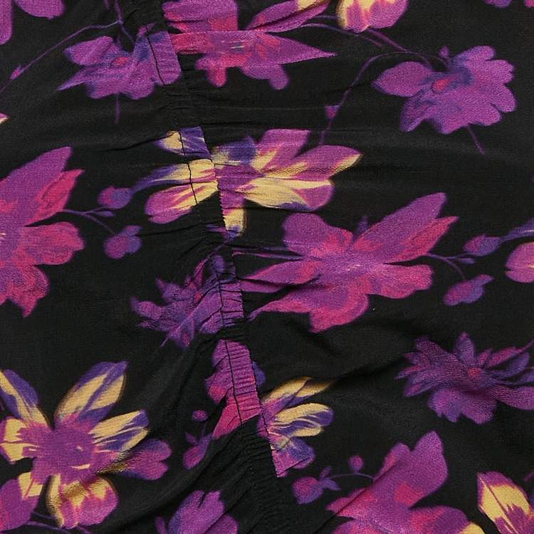 Pre Owned Maje Black Floral Ruched Long Sleeve Mini Dress S