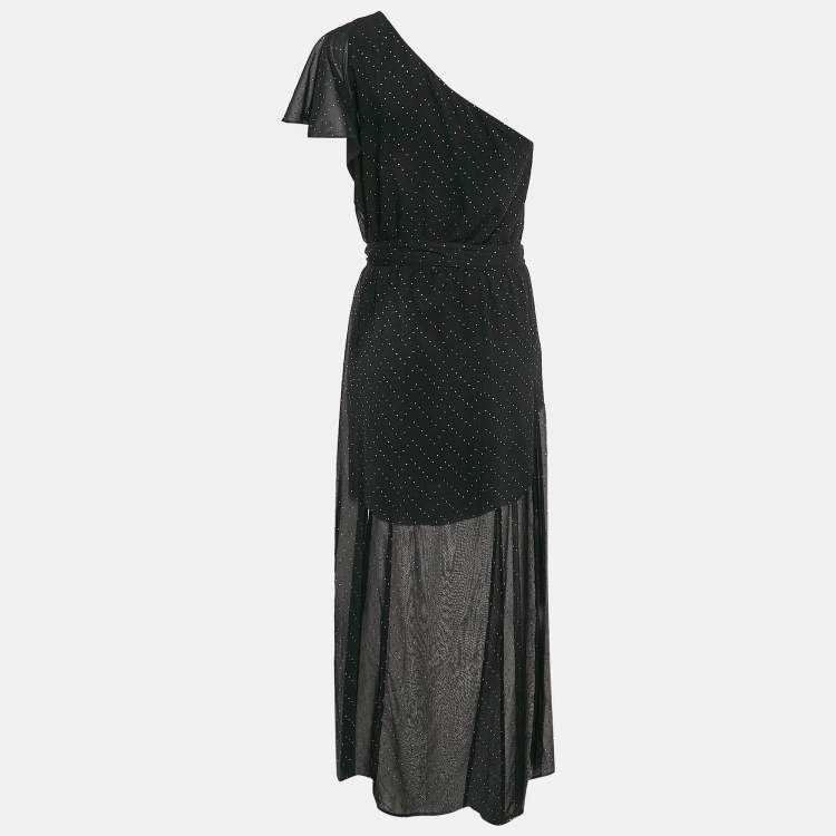 Pre Owned Maje Black Studded Chiffon One-Shoulder Midi Dress L