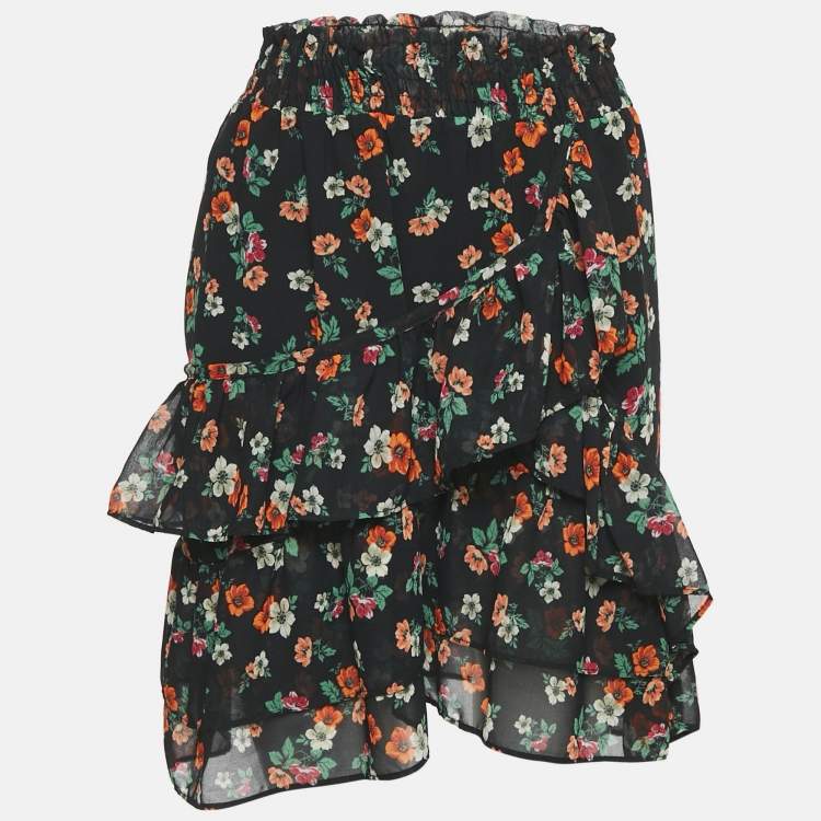 Pre Owned Maje Black Floral Print Ruffled Jupe Imprime Mini Skirt L
