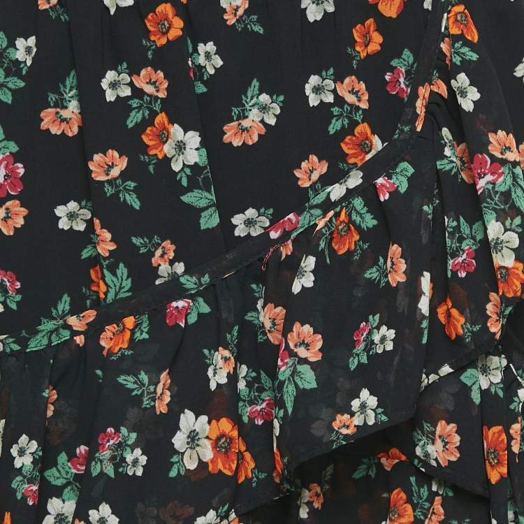 Pre Owned Maje Black Floral Print Ruffled Jupe Imprime Mini Skirt L