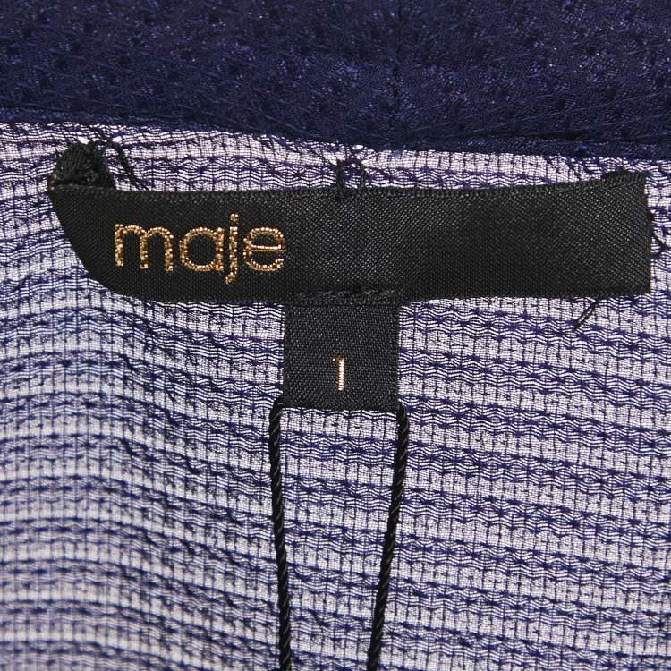 Pre Owned Maje Navy Blue Textured Silk Tie-Up Neck Detail Top S
