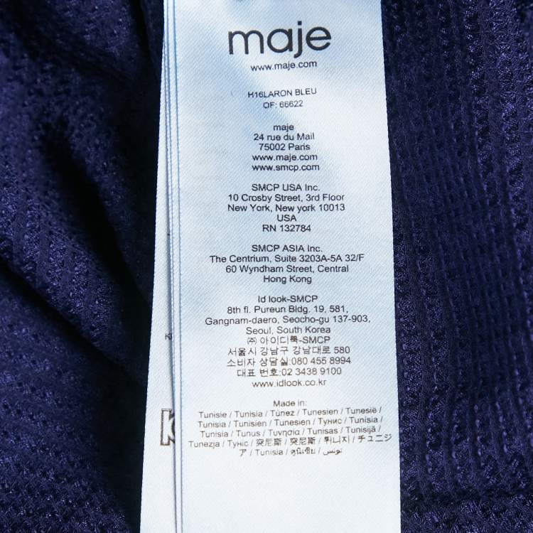 Pre Owned Maje Navy Blue Textured Silk Tie-Up Neck Detail Top S