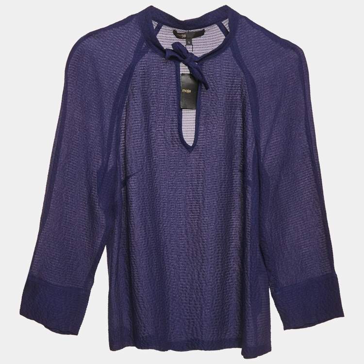 Pre Owned Maje Navy Blue Textured Silk Tie-Up Neck Detail Top S