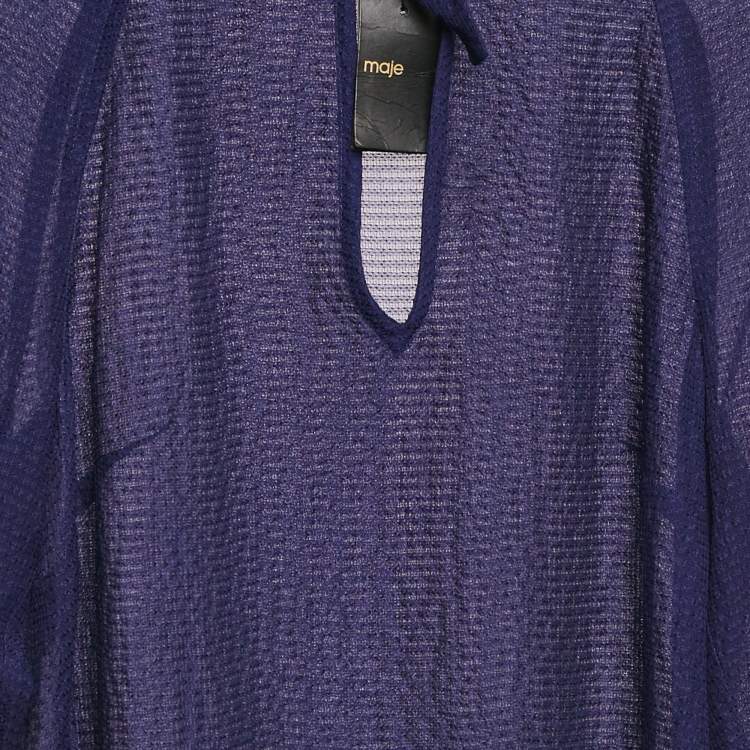 Pre Owned Maje Navy Blue Textured Silk Tie-Up Neck Detail Top S
