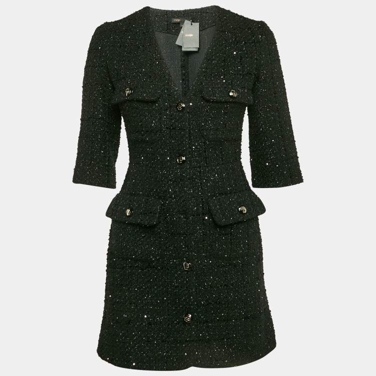 Pre Owned Maje Black Sequin Lurex Tweed Mini Dress XS