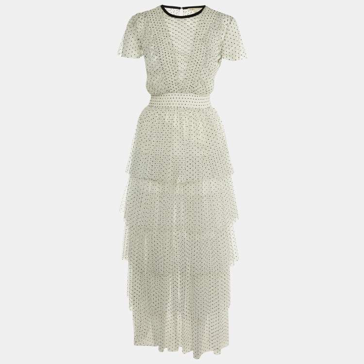 Pre Owned Maje White Polka Dot Mesh Tiered Riplume Dress S